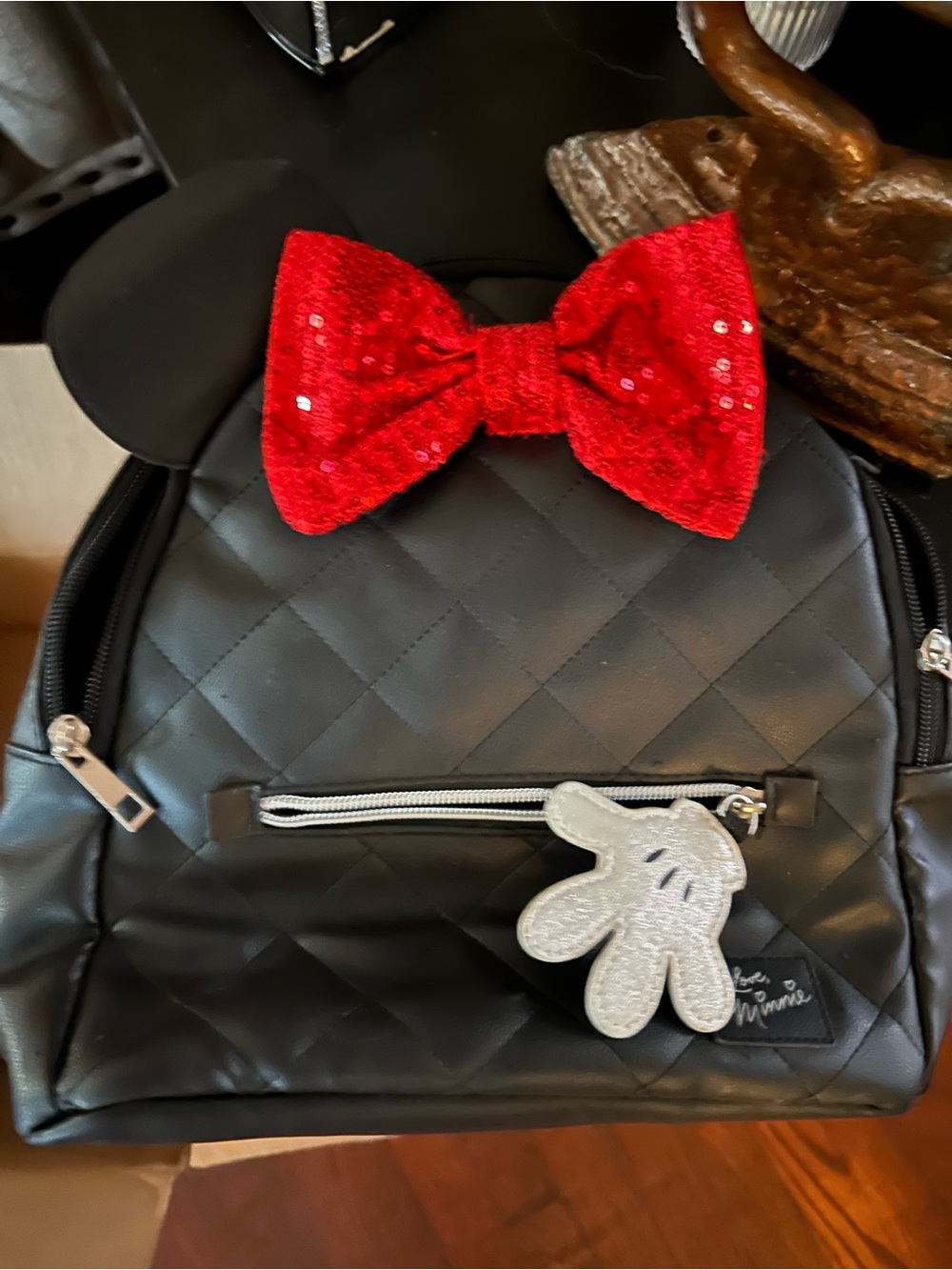 Mickey Kids Black Quilted Backpack with Red Sequin Bow and Silver Glove Charm